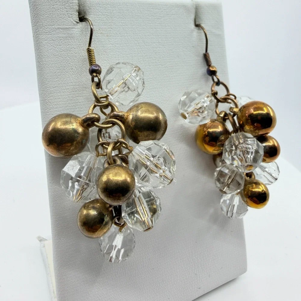 VTG Y2K Chunky Cluster Dangle Earrings Gold Tone Clear Faceted Bead Grape Charm